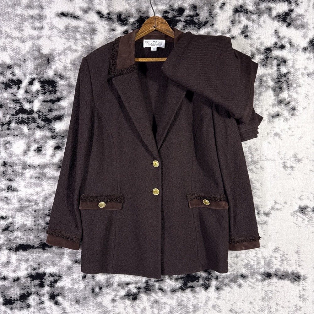 St John Marie Gray Collection Blazer Leather Collar 12‎ / Santana Knit Pants 10